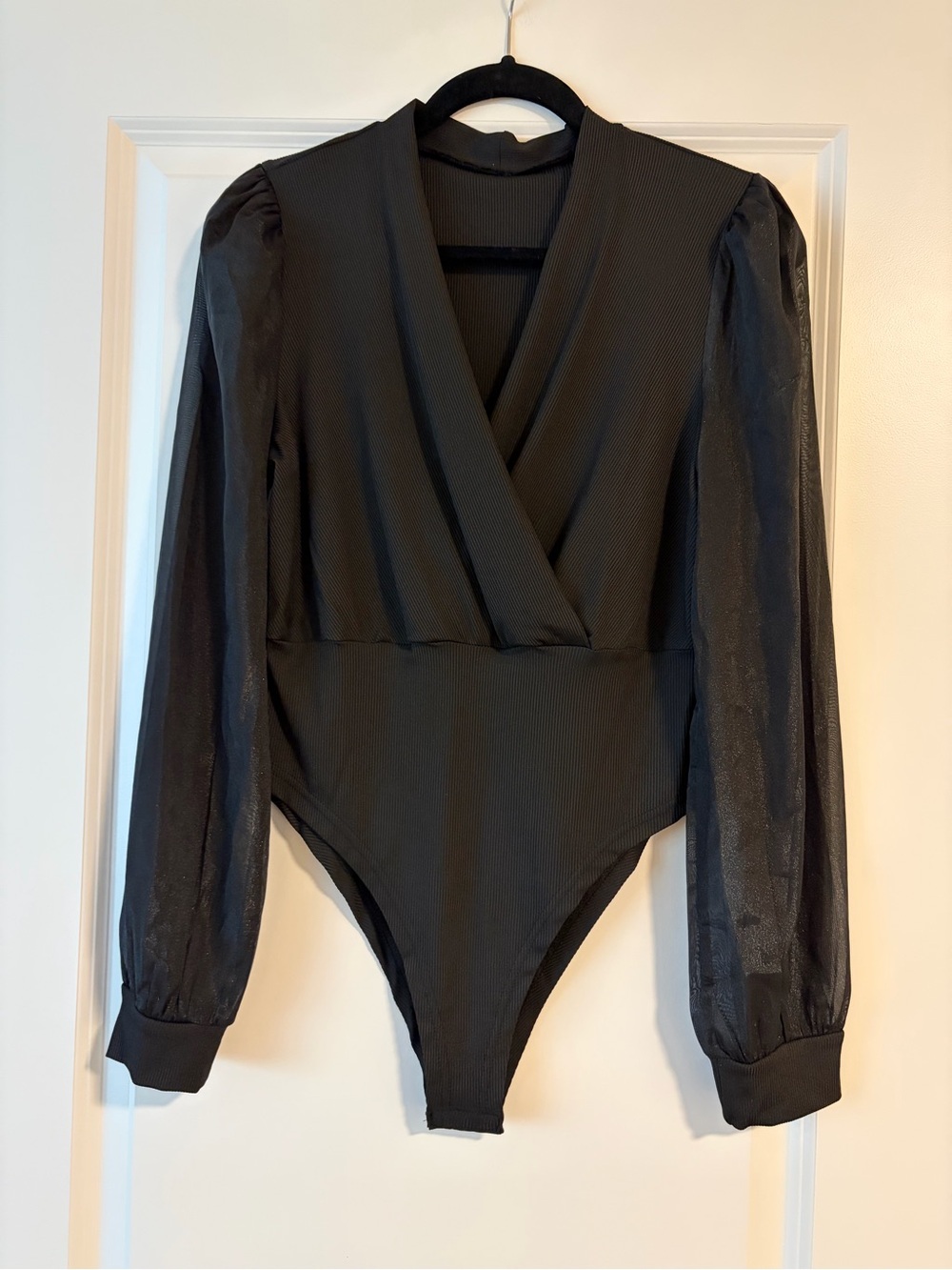 Black Long Sleeve Surplice One-Piece Bodysuit